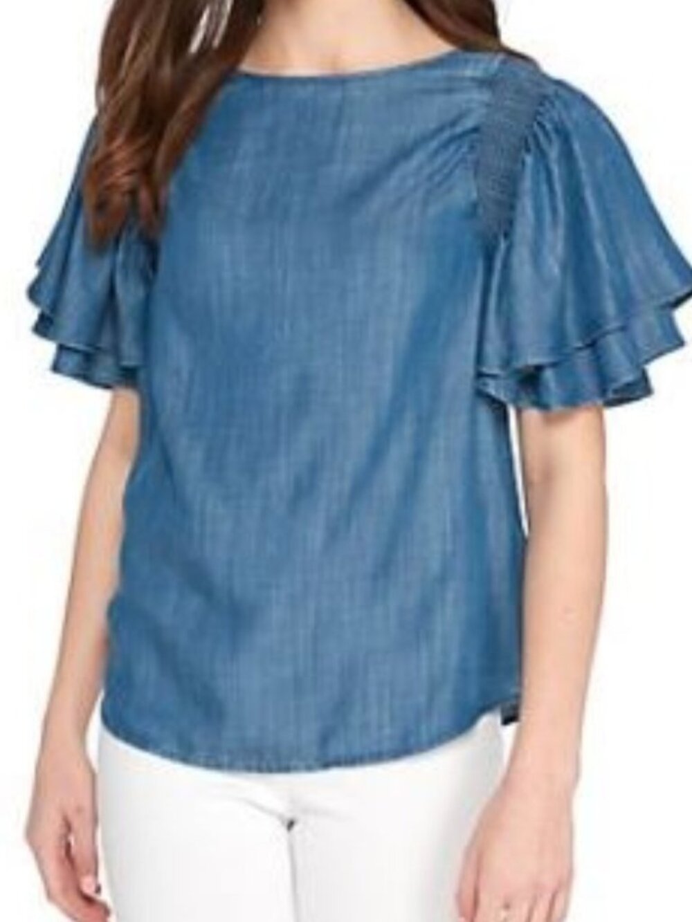 Kaari Blue flutter short sleeve top shirt blouse Medium ruffle luxury style